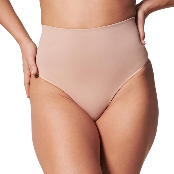 SPANX EcoCare Seamless Shaping Thong - Sculpting with Compression - Women's Shapewear Underwear - Recycled Nylon Fabric Blend - Toasted Oatmeal - Small