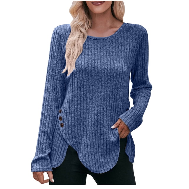 Timegard Hauts pour Femmes à Côtes à Manches Longues à Encolure Dégagée Chandail à Boutons d'Automne Décontracté Ample Hauts Chandail