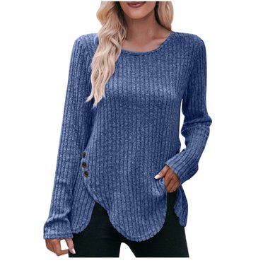 Timegard Hauts pour Femmes à Côtes à Manches Longues à Encolure Dégagée Chandail à Boutons d'Automne Décontracté Ample Hauts Chandail