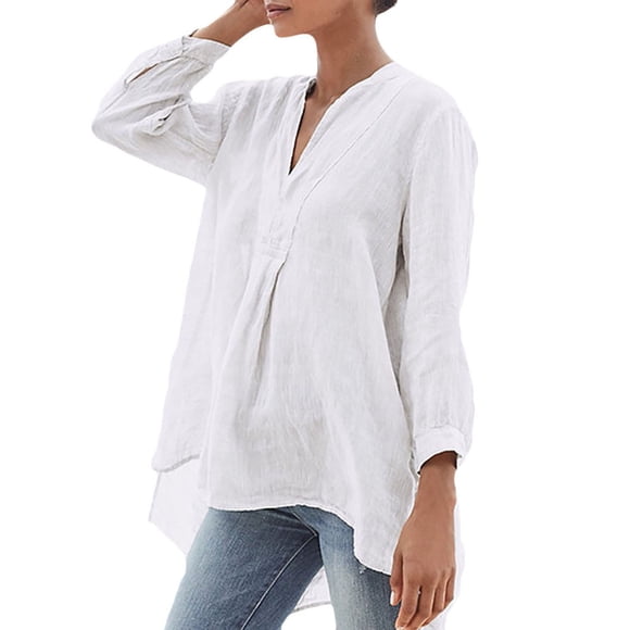 Cotton Linen Tops for Women Summer Solid Color Long Sleeves V-Neck Loose Shirts Ladies Flowy Daily Homewear Blouses (X-Large, White)
