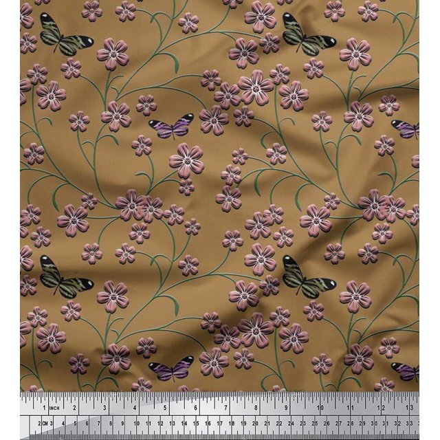 Soimoi Viscose Chiffon Fabric Insect,Leaves & Flower Floral Decor Fabric Printed Yard 42 Inch Wide