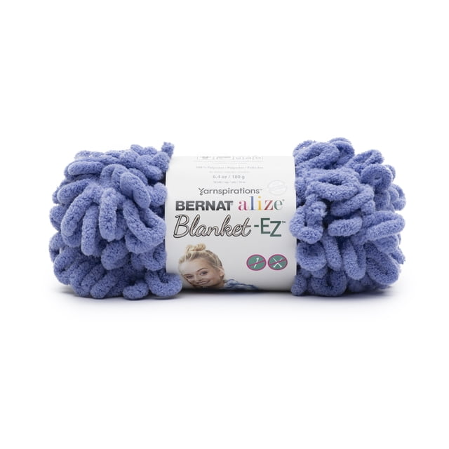 Bernat® Alize Blanket™ #7 Jumbo Polyester Yarn in Jacaranda blue, featuring a skein of soft microfiber chenille yarn with large loops for easy finger knitting, wrapped in a white label with brand and product information, suitable for quick handmade blankets and decorative projects.
