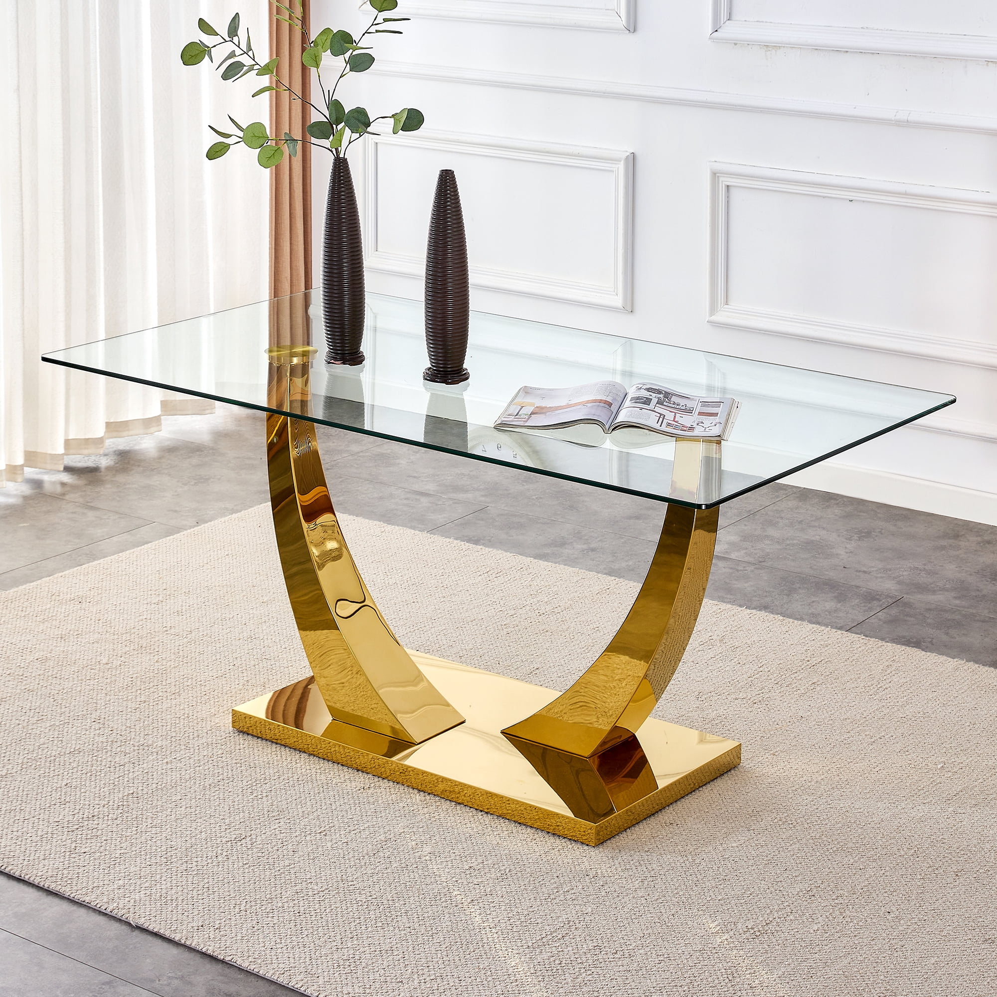 Noble House 63" Modern Rectangular Glass Dining Table,Tempered Glass Top,Gold