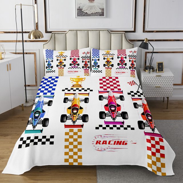 Go Kart Bedspread Set Karting Race Cars Coverlet Set,Racing Drift Kart Quilt Set Queen,Extreme Sport Quilted Competitive Game Room Decor