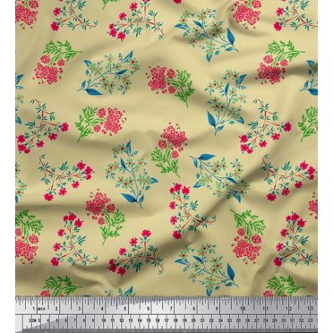 Soimoi Satin Silk Fabric Leaves & Pink Flower Floral Print Fabric by Yard 42 Inch Wide