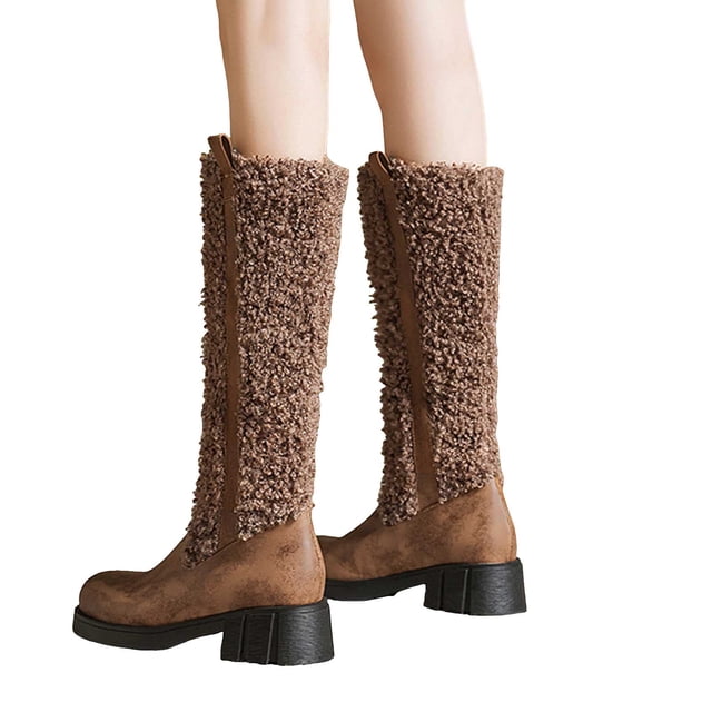 Womens Fleece Mid Calf Winter Combat Boots Fashion Plush Leather Patchwork Chunky Heel Knee High Riding Tall Boots