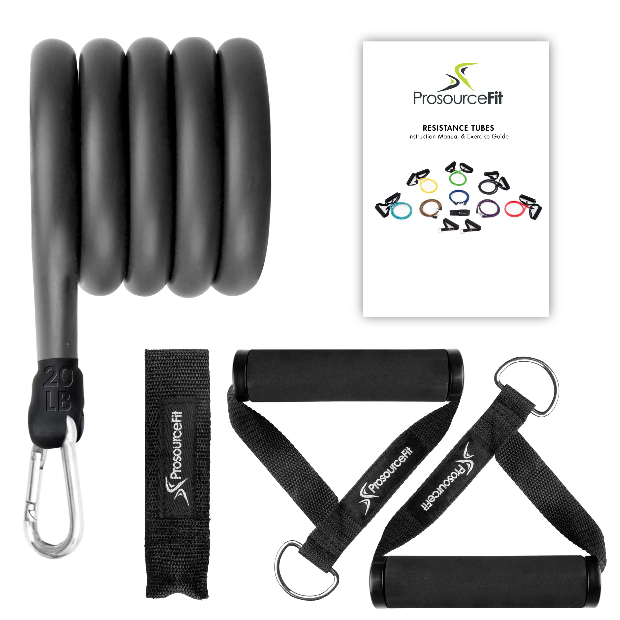 ProsourceFit Heavy Duty Single Stackable Resistance Bands with Door Anchor and Exercise Guide, 16-20 LB for Full-Body Exercises and Home Workouts, Black