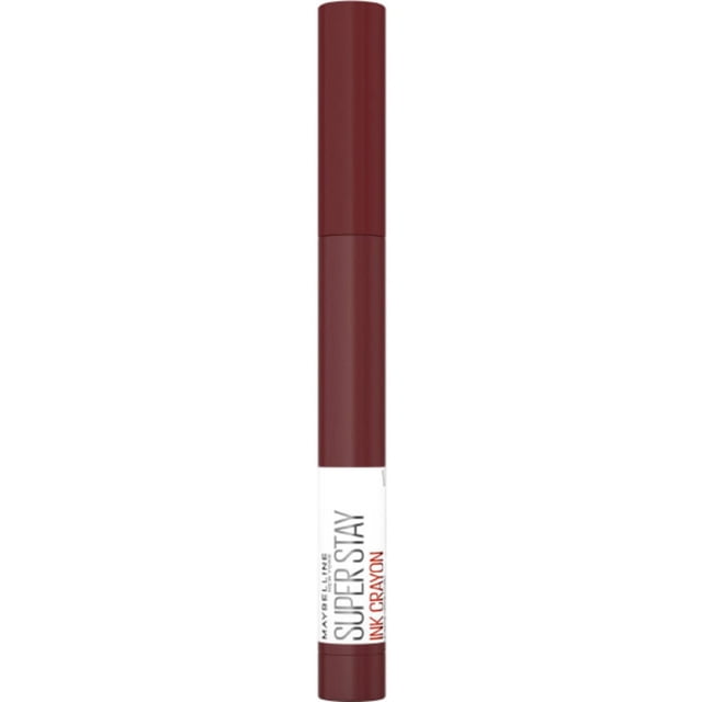 Super Stay®Ink Rouge à Lèvres en Ligneur pour les Lèvres dans une Vue Verticale Orientée vers l'Avant, Montrant un Ligneur pour les Lèvres Mince Mat Rouge Foncé avec une Étiquette Blanche Dotée d'Une Technologie d'Encre Durable pour des Lèvres Mates Résistantes aux Bavures jusqu'à 8 Heures et d'Un Aiguiseur Intégré pour une application Précise, Convient pour un Port Facile Toute la Journée.
