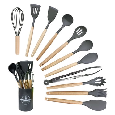 Non-Stick Silicone Kitchen Utensil Set, Scratch Resistant Tools With Integrated Stainless Steel Core, Wooden Handles for Safe Grip, Odorless & Bpa Free Cooking Gadgets (12 PCS)