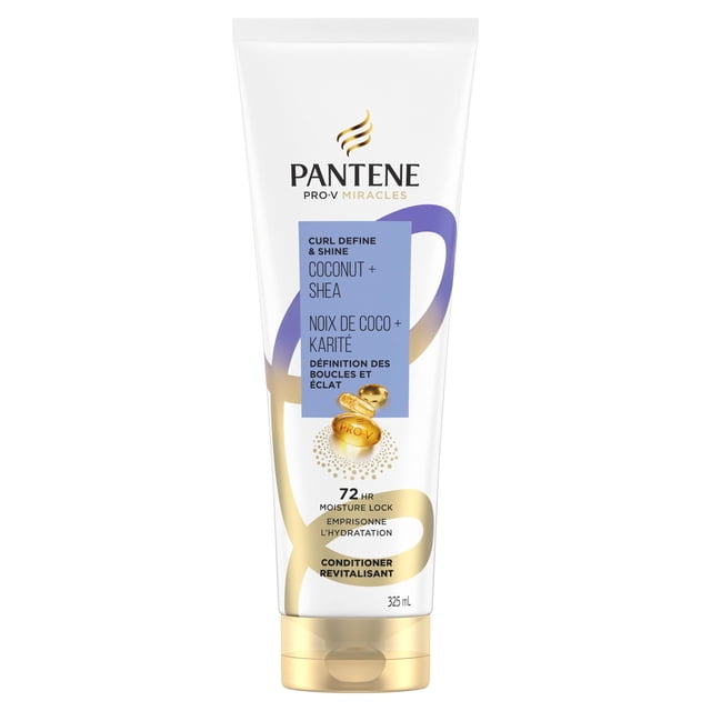 Pantene Pro-V Miracles Curl Define & Shine Coconut + Shea 1 Minute Miracle Conditioner in a 325 ml white tube with gold and purple swirl design, featuring bilingual English and French text highlighting 72-hour moisture lock and curl definition benefits.