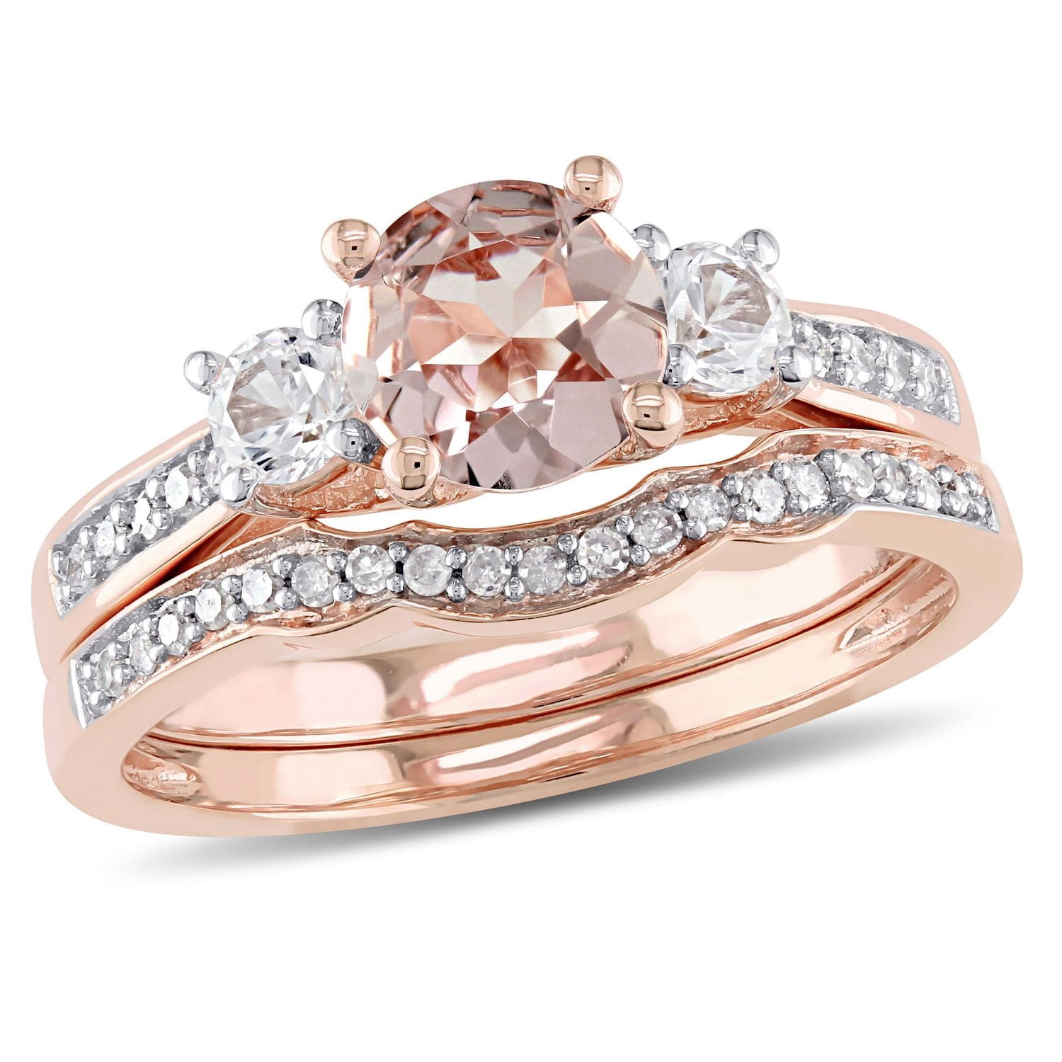 Ensemble nuptial à trois pierres Tangelo avec saphirs blancs synthétiques et morganite 1,14 ct PBT et diamants 0,14 ct poids total en or rosé 10 k