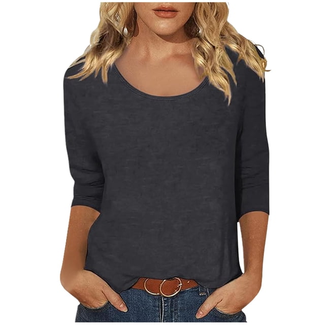 Hiiyo T-Shirt à Manches 3/4 pour Femme à Col Rond, T-Shirt Décontracté Uni, Gris Foncé TTG