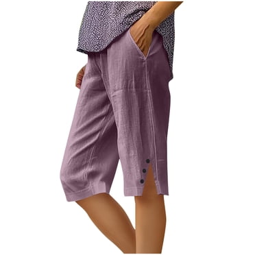 Lovzfmll Bermudas en Lin pour Femmes, Pantalon Décontracté à Jambe Grand avec Fente Latérale et devant à Boutons, Shorts d'Été Violet, 2TG