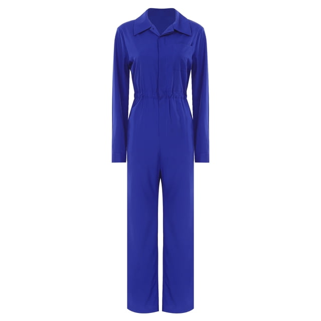 Eandarui Combinaisons pour Femmes à Manches Longues Mode Combinaison à Boutons Décontractée Couleur Unie Col Rabattu Salopettes Bleu P