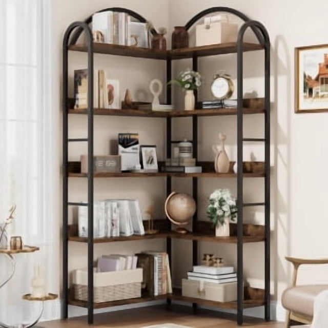 Corner Bookshelf Arched Bookcase, L Shaped Bookshelf Industrial Corner Shelf, Large Bookshelf With Metal Frame, Etagere Shelf Corner Display Rack for Living Room Bedroom