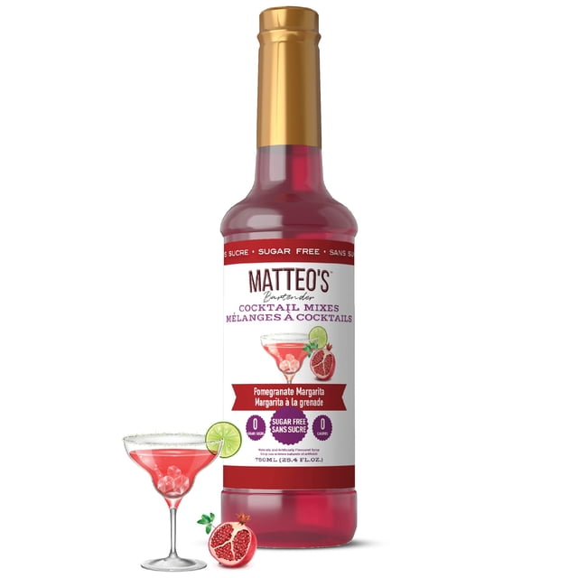 Matteo's Sugar Free Cocktail Syrup, Pomegranate Margarita, 750mL bottle featuring a rich red liquid. The label prominently states 'Sugar Free' and '0 Calories' in English and French. A pomegranate margarita cocktail with a lime garnish and pomegranate seeds is shown next to the bottle, showcasing its use as a keto-friendly, bartender-inspired syrup for flavorful, guilt-free cocktails.