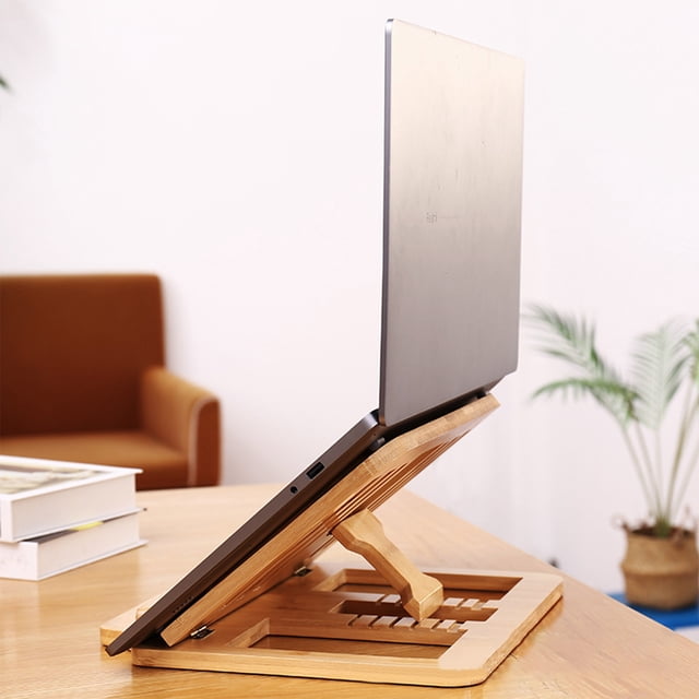 Adjustable Wooden Laptop Stand - Foldable & Compact Desk Accessory for Office - Sustainable Timber for Heat Dissipation, 11x11 Inch, Beige