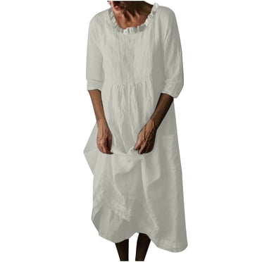 QIPOPIQ Robes pour Femmes avec Poches Manches Courtes Robes Décontractées Tendance Robe d'Été Col Rond Manches Mi-Longues Lin Robe Ample Unie Offres 2023
