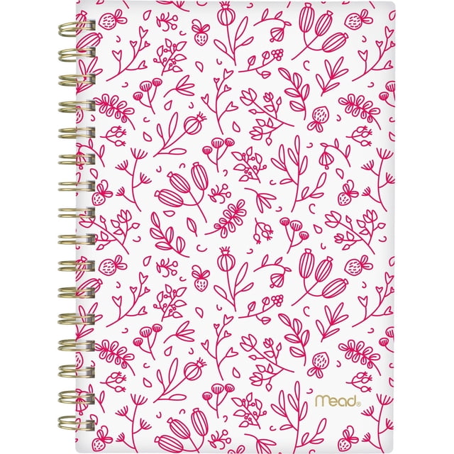 Mead® Undated Pink Floral Small Daily Planner with a white durable poly cover featuring pink floral line art, twin gold coil binding that resists snagging and lays flat, 5 1/2 by 8 1/2 inches, undated pages for flexible scheduling and notes, suitable for organizing appointments and events.