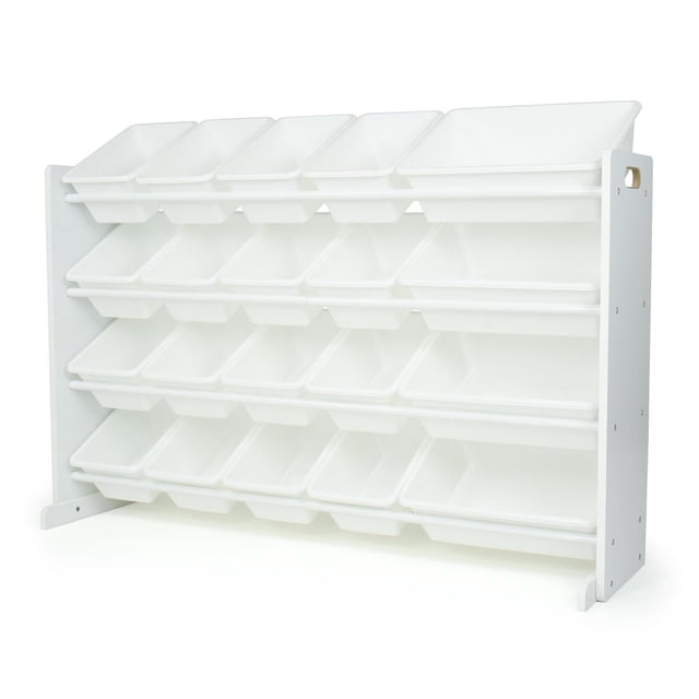 Humble Crew Cambridge Extra Large Toy Storage Organizer with 20 white plastic bins on a sturdy engineered wood frame, featuring four tiers and side handles, ideal for toy, kitchen, or shelf organization in closets, playrooms, or pantries.