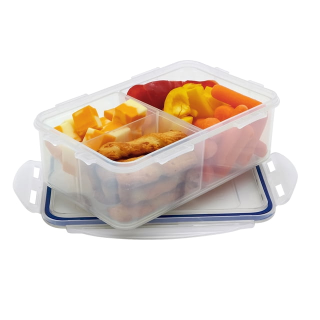 Starfrit LocknLock Plastic Bento Lunch Container with removable divider, 34oz/1L capacity, clear BPA-free polypropylene plastic, airtight and leakproof 4-sided locking lid, shown filled with cheese cubes, pretzels, baby carrots, and sliced bell peppers in three compartments, ideal for meal prep and snack storage, microwave, freezer, and dishwasher safe.