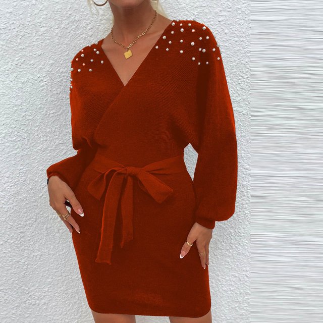 Pisexur Robe à Manches Longues à Col en V Robe à Manches Longues à Col en V pour Femme Robe Unie en Tricot Robe à Manches Longues à Col en V Robe pour Femme en Liquidation