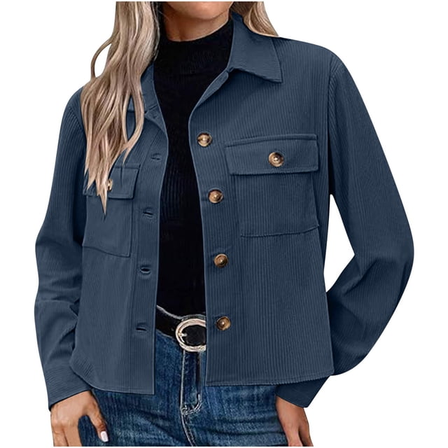 Timegard Button down Shirts for Women Cropped Long Sleeve Jackets Fall Solid Color Casual Loose Tops
