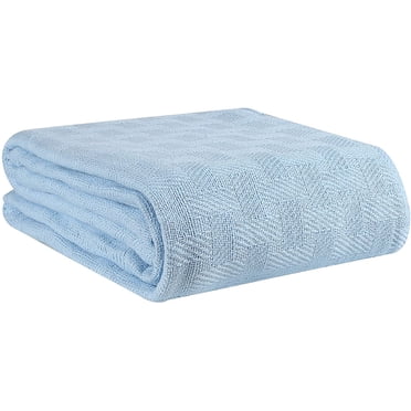 100% Cotton Bed Blanket, Breathable Bed Blanket Queen Size, Cotton Thermal Blankets Full - Queen Size, Perfect For Layering Any Bed For All Season - Sky Blue