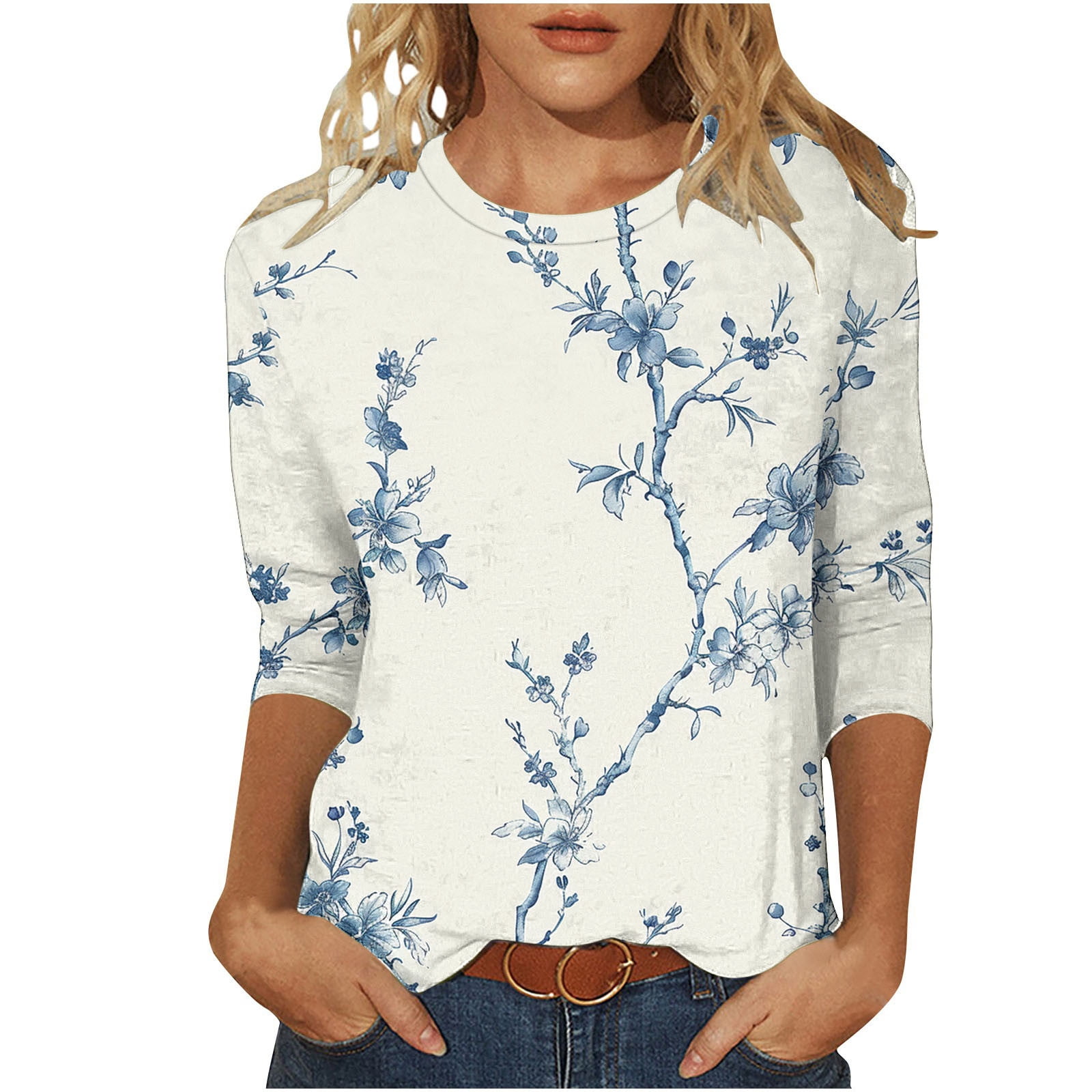 HKEJIAOI T-Shirts à Manches 3/4 pour Femmes à Imprimé Floral, Col Rond, Coupe Ample, T-Shirts Décontractés Mode, Chandails à Enfiler, Bleu Pâle-D m