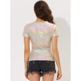 thumbnail image 4 of INSPIRE CHIC Women's Party Metallic Textured Short Sleeve Shiny Multicolor Top Beige M, 4 of 5
