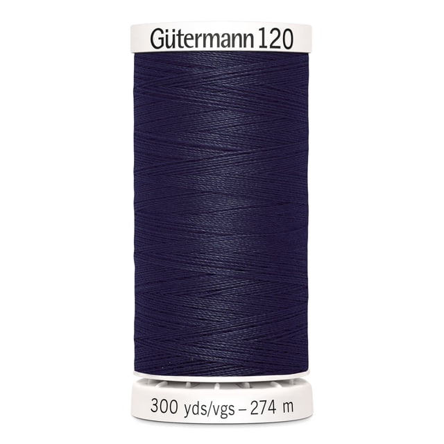 Gutermann 120 100% polyester all purpose thread spool in dark navy blue tightly wound on a white plastic spool labeled with 300 yards (274 meters), suitable for machine and hand sewing various fabrics including cotton, synthetics, and craft projects.