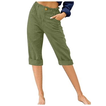 Timegard Womens Capri Pants Straight Leg Elastic Waisted Button Summer Casual Crop Pants with Pockets