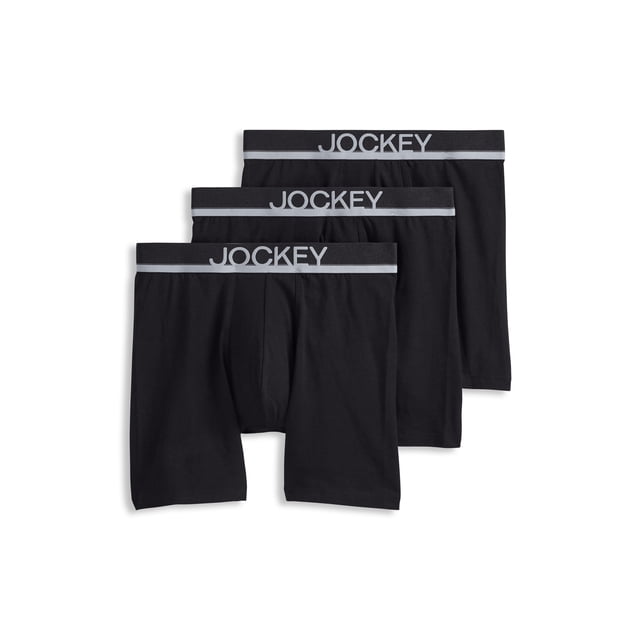 Jockey Men's True Style 6" Boxer Brief - 3 Pack in black, featuring a low-rise design with full coverage and a no-fly front. Made from breathable cotton-rich fabric with 92% cotton and 8% spandex for a soft feel and light stretch. Each pair has a 6-inch inseam and a branded elastic waistband.