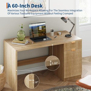 EastVita 60" Bureau exécutif avec rangement, Bureau intérieur moderne avec tiroir & Cabinet, Bois de bureau d'ordinateur Fluted Workstation Conférence d'écriture Table pour l'étude à domicile, Chêne naturel