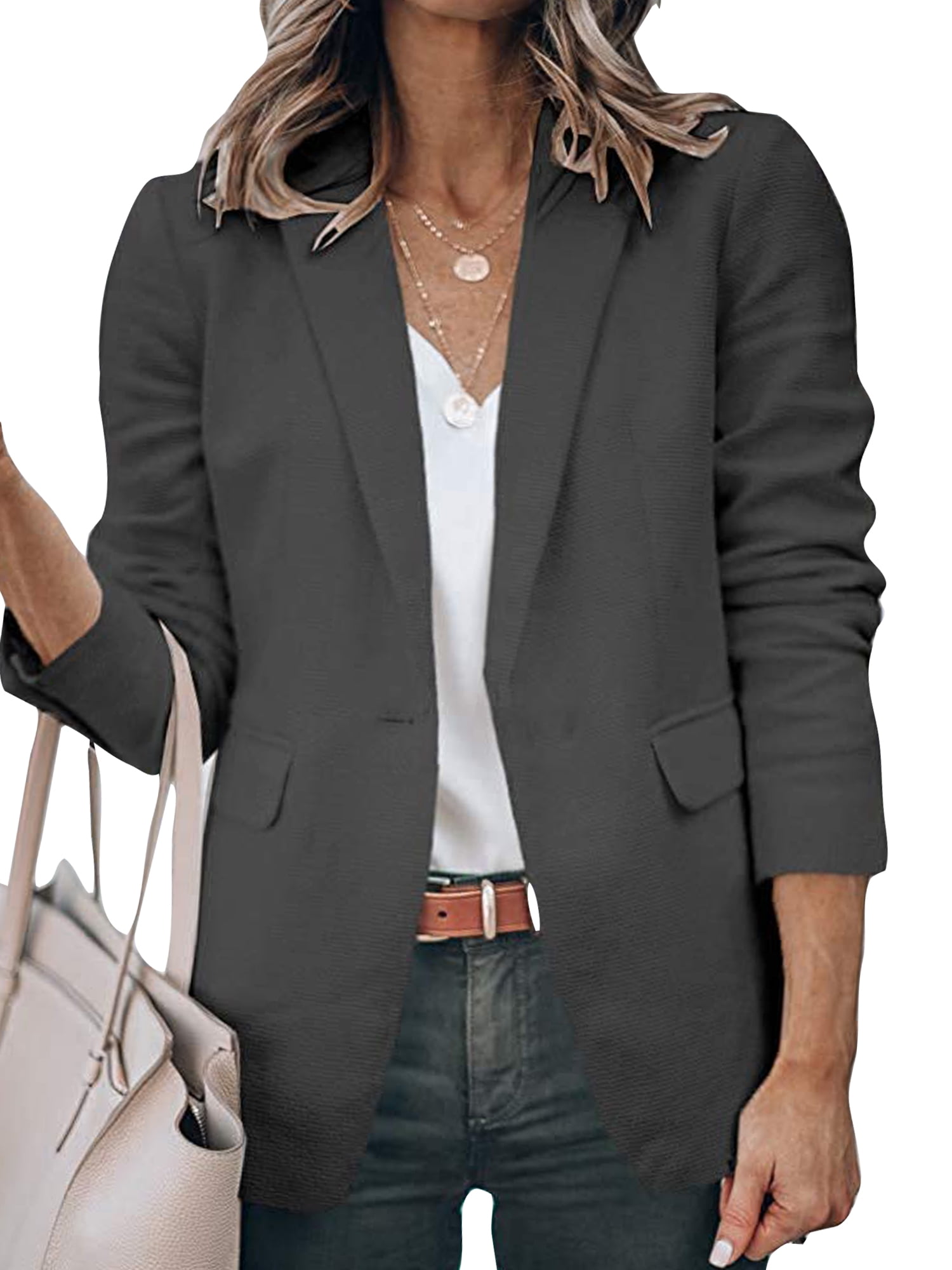 Innerwin Blazers Solid Color Women Cardigan Jacket Work Shawl Neck Slim Fit Business Jackets Dark Gray 2XL