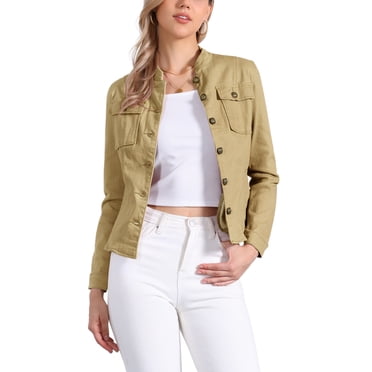 INSPIRE CHIC Vestes en Jean pour Femmes, Col Montant, Manches Longues, Courtes, Kaki, Taille g