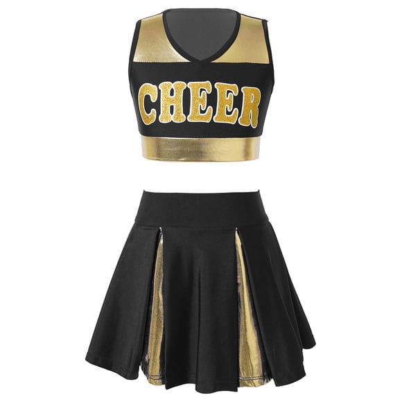 Yanarno Kids Girls Cheerleading Uniform Costume Halter Crop Top with Pleated Skirt Cheer Leader Halloween Costume Black A 16