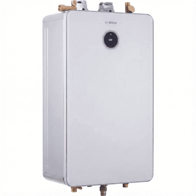 Bosch Greentherm T9800 SE 160 Tankless Water Heater, a compact, wall-mounted indoor unit with a white finish. This high-efficiency condensing water heater provides up to 9 gallons per minute of continuous hot water for residential use. Compatible with natural gas or liquid propane, it features electronic ignition, freeze protection, and temperature stability control for energy-efficient heating.
