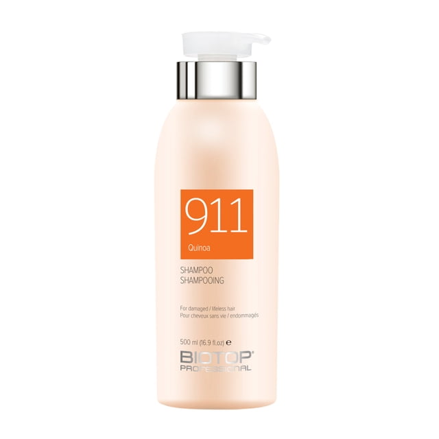 Biotop 911 Quinoa Shampooing Sec et Colorant 500 ml dans une Bouteille Élégante à Teinte Pêche avec Distributeur à Pompe. Conçu pour les Cheveux Abîmés Ou Sans Vie, Ce Shampooing Présente des Extraits de Quinoa et de Vitamine E, de macadamia, d'Huile d'Argan et des Huiles Essentielles pour Réparer et Restaurer les Cheveux. l'Étiquette Met en Valeur Sa formulation Sans Parabènes, Sans SLS/SLES et Sans Cruauté.