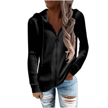 CEHVOM Casual Women's Solid Long Sleeve Hooded Sweatshirt Zip Tops Ladies Cardigan Coat