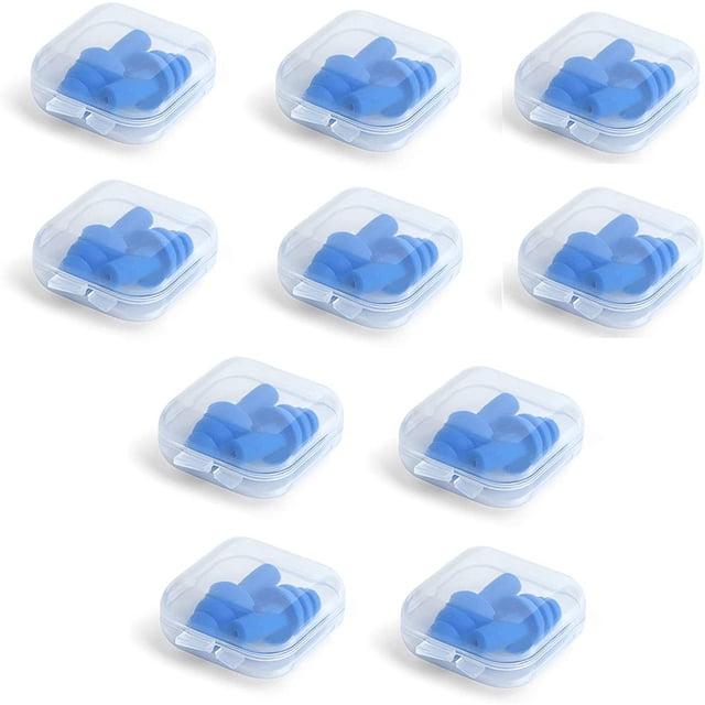 Soft reusable ear plugs for sleeping, shown as 10 pairs of blue silicone earplugs packaged in individual clear plastic cases. Designed for sound blocking and reducing noise levels by up to 28dB while maintaining clarity in music and speech. Suitable for ear care, sleeping, studying, or attending loud events.