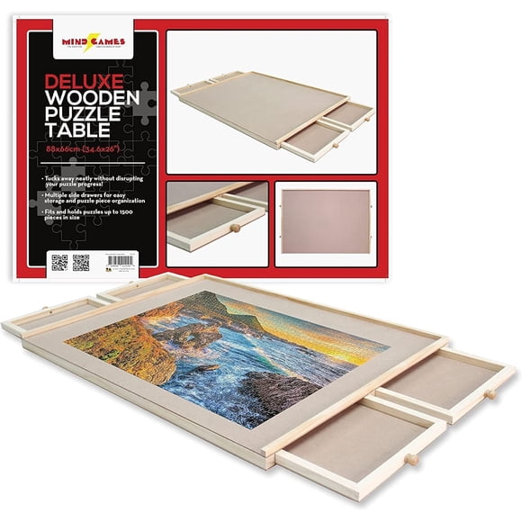 Tradeopia Wooden Puzzle Board with 4 Drawers for 1500 Piece Puzzles, 34.6 x 26 Inch Puzzle Table with Storage