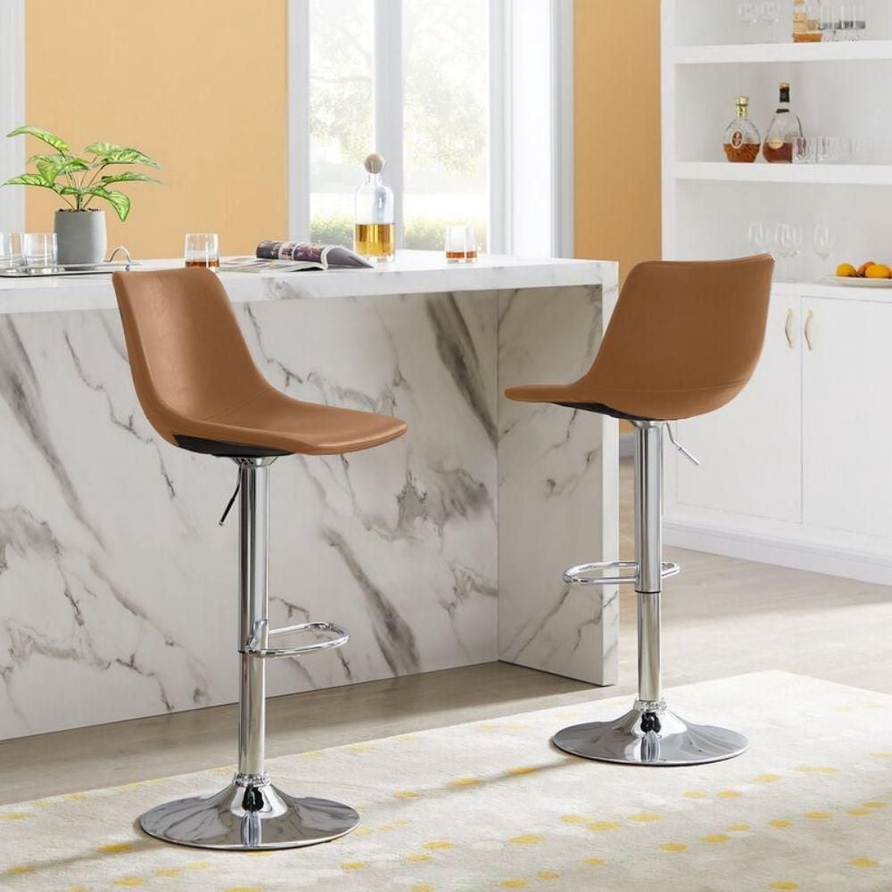 Tabouret Réglable en Cuir PU Boomer en Noir, Base Chromée Brillante, Tabouret Pivotant Réglable pour la Cuisine, Tabouret d'île Ensemble 2