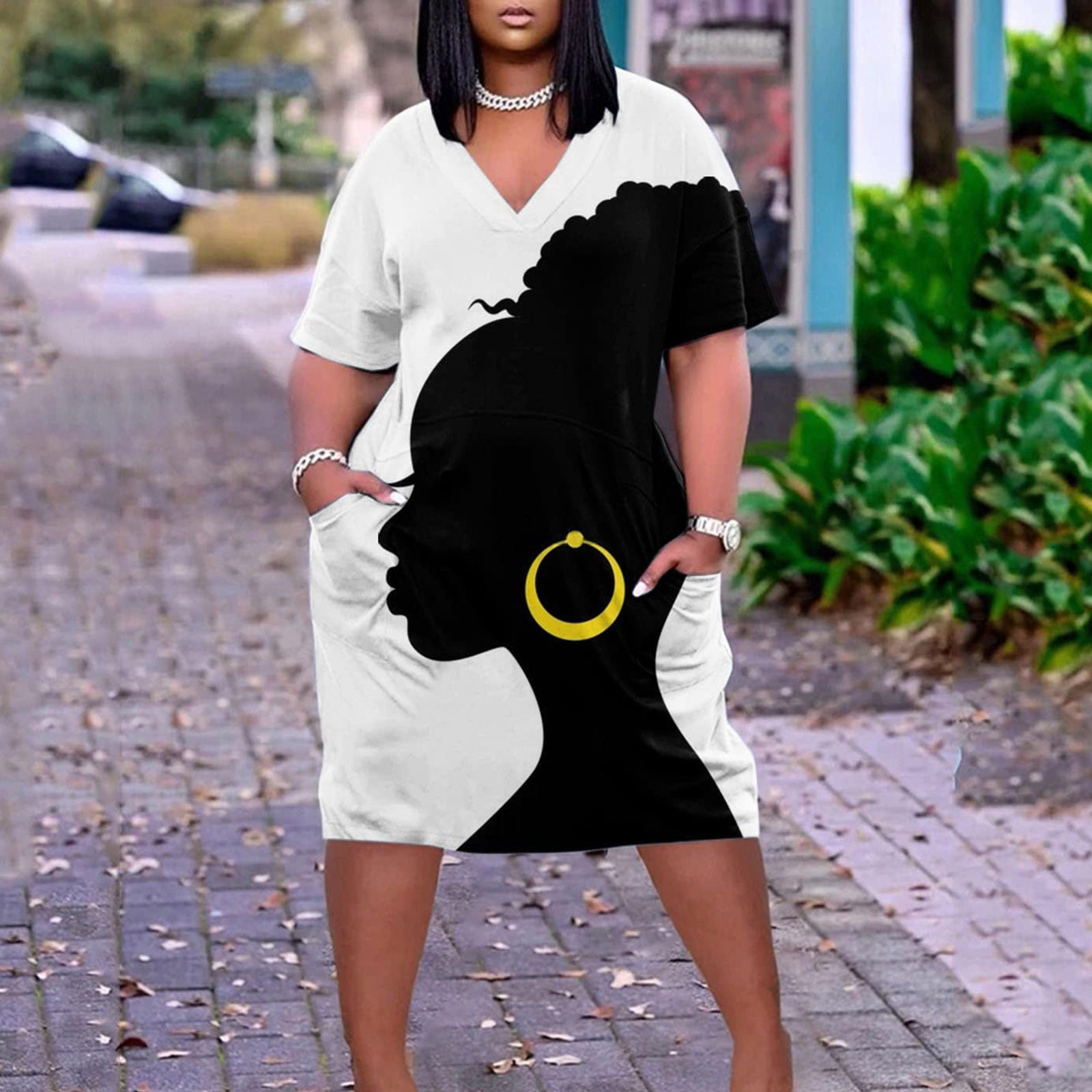 Robe d'Été pour Femmes 2024 Mode Robe Grande Taille pour Col en V Décontractée Robes Soleil Poche Genou Manches Courtes avec Poches Rabais de 50 % Liquidation!
