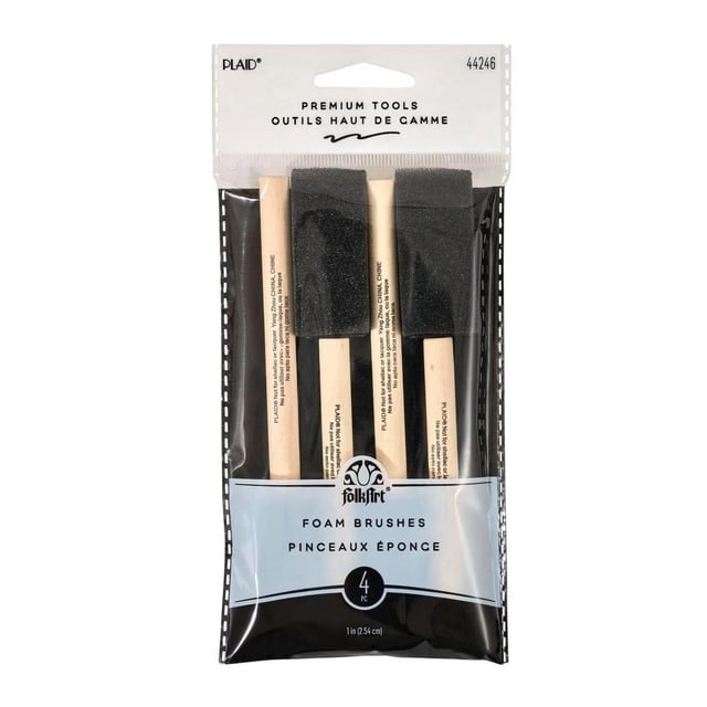 Plaid 4 Piece Foam Paint Brush Set - 1 inch foam paint brushes with natural wood handles in clear packaging, ideal for smooth application of paint, stain, or varnish on crafts, home decor, and small art projects, also suitable for detailed paper crafts.