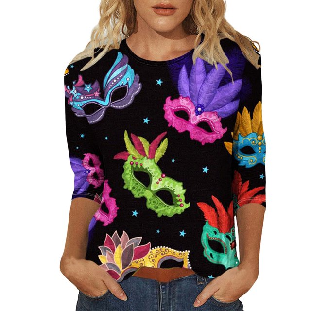 Outfmvch Chemises Mardi Gras pour Femmes, Manches 3/4 Hauts pour Femmes, Tenue Mardi Gras pour Femmes, Blouses pour Femmes, Hauts d'Entraînement pour Femmes, Tunique Graphique de Carnaval Manches 3/4 Col Rond Blouse Gris Foncé m