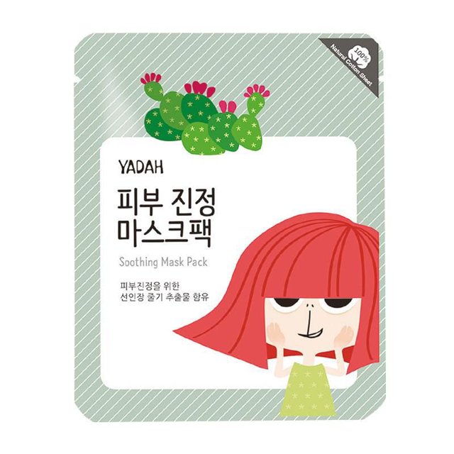 Yadah Soothing Mask Pack 1 PC packaging with a green striped background, featuring a cartoon cactus representing Opuntia Ficus-Indica extract and a red-haired cartoon girl, emphasizing its 100% natural cotton sheet and 4 Non-added System free from parabens, ethanol, fragrance, and artificial dyes, designed to soothe and moisturize dry, overheated skin.