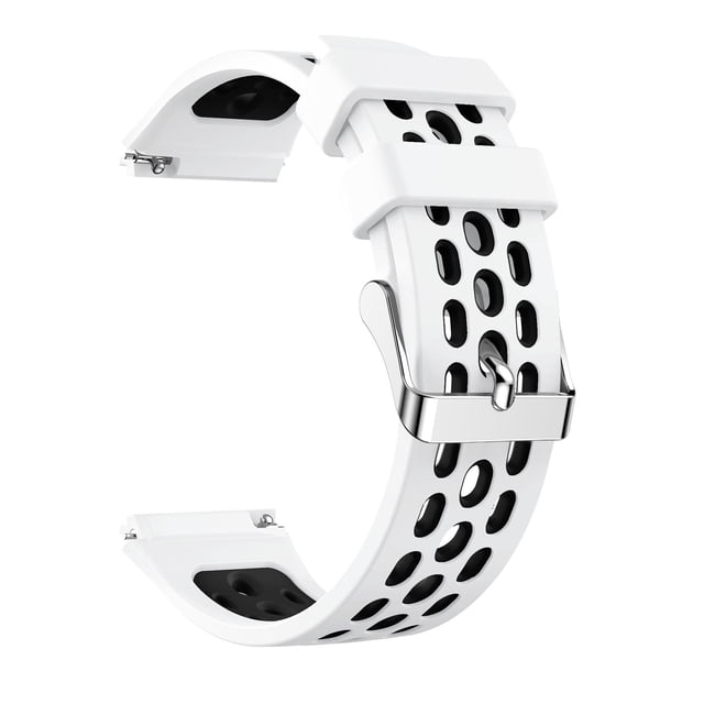 EGNMCR Two-Color Round Hole Watch Mesh Strap for Watch GT 2E, shown in a white and black design with round perforations for breathability. The strap features a quick-release mechanism and a polished metal buckle. Suitable for wrist sizes approximately 150-205mm, it offers a comfortable fit for activities like exercise, walking, and sleeping.
