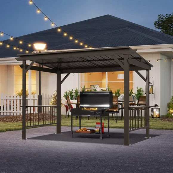 Domi Outdoor Living Gazebo de Gril à Toit Rigide 6,5 X 12 Pi Auvent de BBQ Extérieur avec 2 Tablettes Latérales et Crochets de Plafond, Toit en Pente en Acier Galvanisé pour Patio, Pelouse, Cour Arrière (Brun)