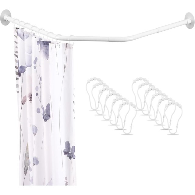 Adjustable White Corner Shower Curtain Rod with 12 Hooks, 31-41 Inch Diamond Shaped Shower Curtain Rod